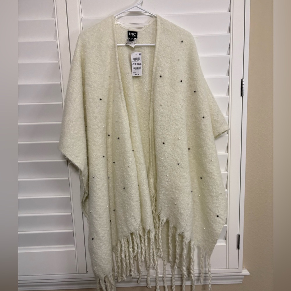 INC Ivory Knit Open Front Poncho Pearl Accents Fringe Trim NWT OS